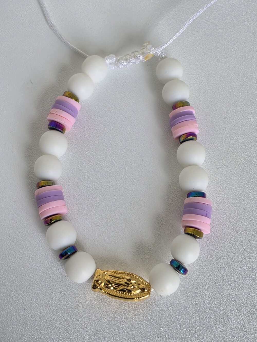 Handmade Adjustable Our Lady of Guadalupe Bracelet White Pink Lilac Beads
